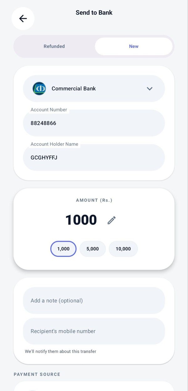PayMaster செயலித் திரை: Send to Bank